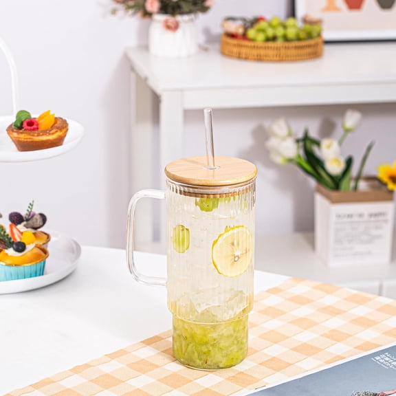 32oz Ribbed Glass Cup with Handle, Bamboo Lid and Straw, Glass Tumbler, Iced Coffee Cup Hot/Cold Drinks