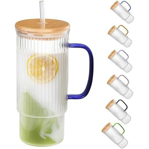 32oz Ribbed Glass Cup with Handle Bamboo Lid and Straw, Glass Tumbler, Iced Coffee Cups Hot/Cold Drinks (Navy Blue Handle)