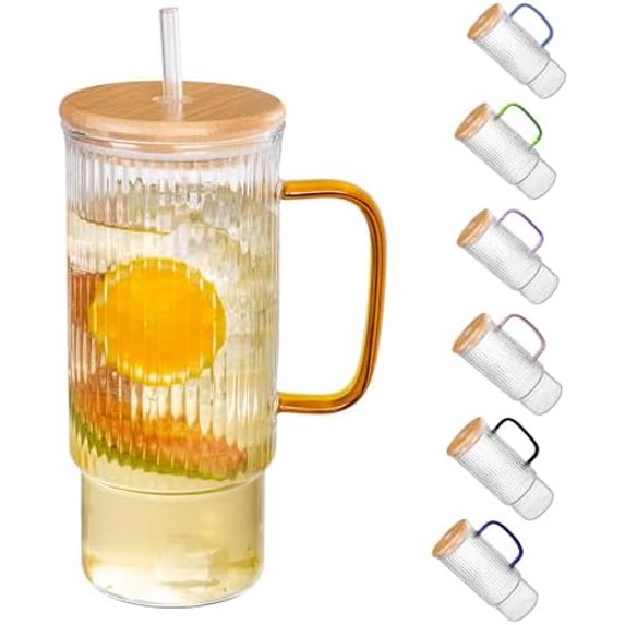 32oz Ribbed Glass Cup with Handle Bamboo Lid and Straw, Glass Tumbler, Iced Coffee Cups Hot/Cold Drinks (Yellow Handle)