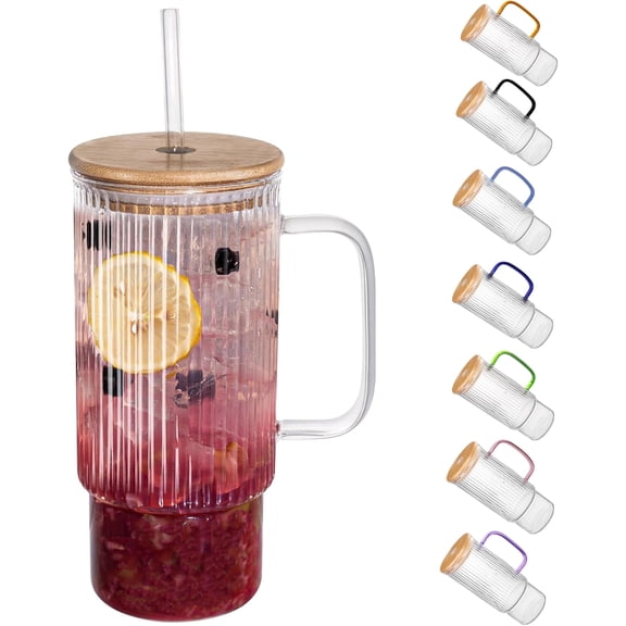 32oz Ribbed Glass Cup with Handle  Lid and Straw, Glass Tumbler, Iced Coffee Cups Hot/Cold Drinks