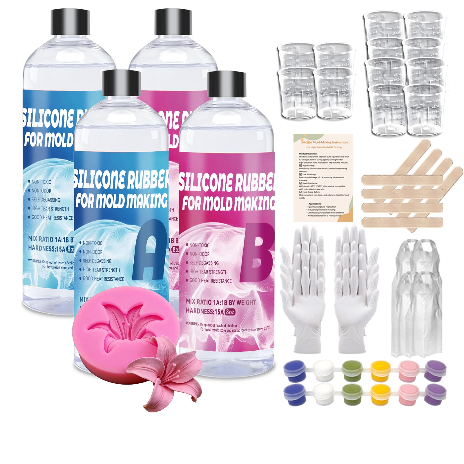 32oz Silicone Mold-Making Kit - 1:1 Platinum Silicone Rubber for Resin Casting Molds, Jewelry Molds, Handicrafts - 15A Medium Hardness, Suitable for Beginners and Professional Crafters