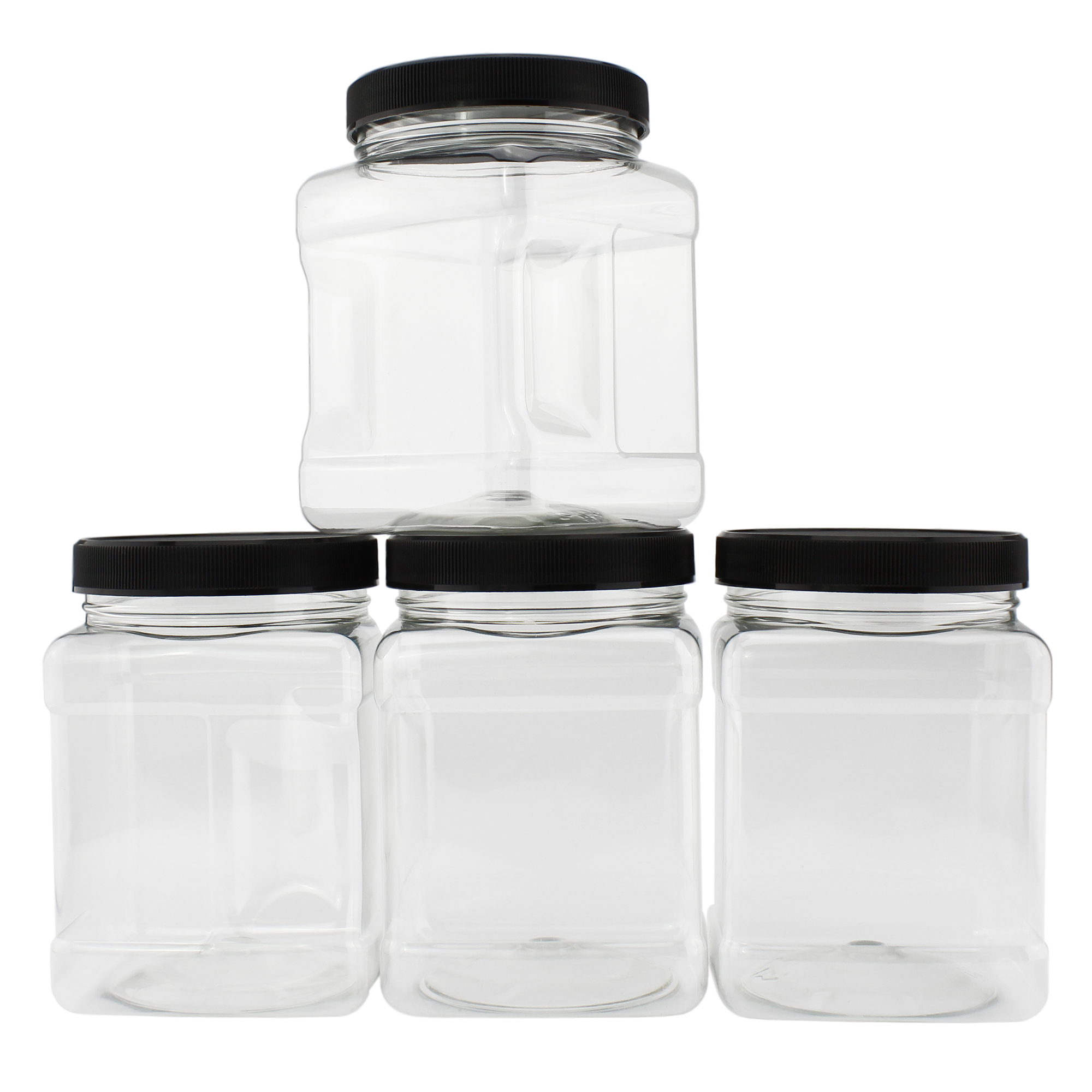 32oz Square Plastic Jars (4-Pack, Quart); Clear Rectangular 4-Cup Canisters w/Black Lids, Easy-Grip Side - image 1 of 6