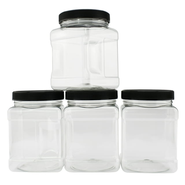 32oz Square Plastic Jars (4-Pack, Quart); Clear Rectangular 4-Cup Canisters w/Black Lids, Easy-Grip Side