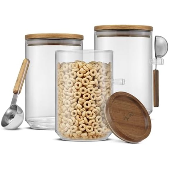 32oz Stackable Glass Storage Containers with Lids and Scoops, Airtight Food Canister Set of 3 w/Acacia Wood Lids, Round Stacking Pantry and Kitchen Containers w/Scoop | Clear