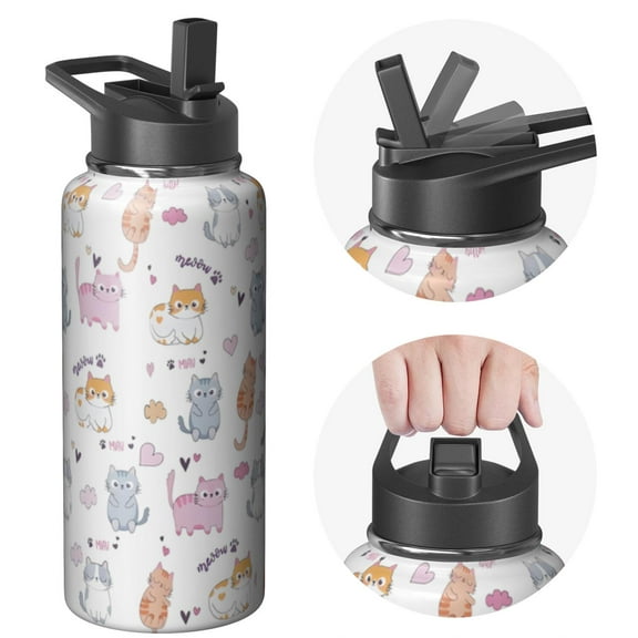32oz Stainless Steel Insulated Sports Animals Themed Water Bottle with Handle Lids Wide Mouth, Double Wall Construction, Leakproof, Keeps Drinks Cold 24Hrs Hot 12Hrs, Gym Flask