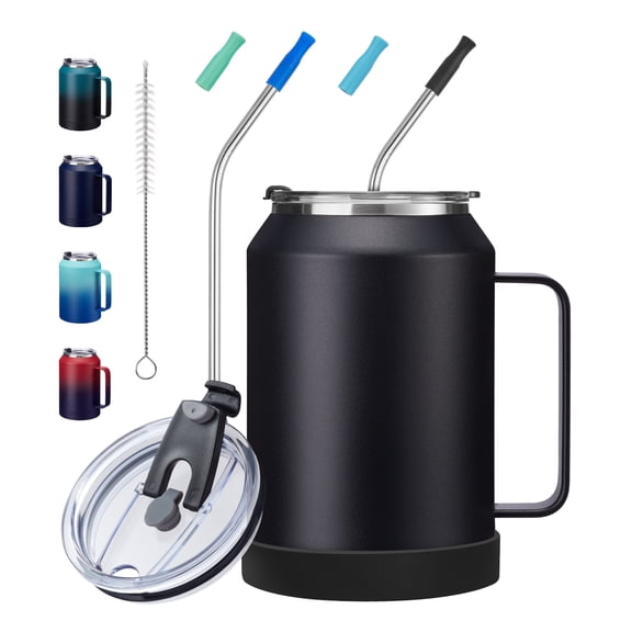32/50oz Insulated Coffee Mug with Straw and Handle, Double Wall Stainless Steel Travel Tumbler, Keep Cold 36 hrs, Leak Proof Lid, Reusable Cup for Water & Iced Drinks