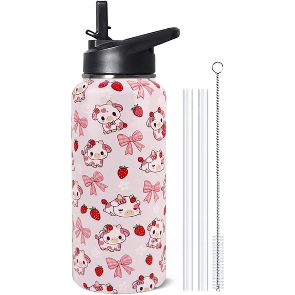 32oz Strawberry Cow Stainless Insulated Aater Water Bottle with Straw Gym Hiking Sports Coffee Mug Cup Water Bottles,Penguin Gifts for Women,Strawberry Cow Decor Stuff Accessories