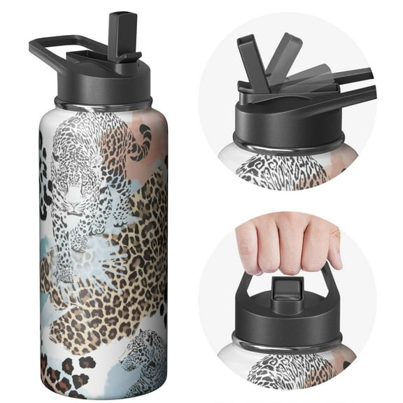 32oz Three Layer Insulated Leopard Print Themed Water Bottle with Lid, Stainless Steel Reusable Flask Keeps Cold 24 Hours, Eco Metal Bottle for Hiking and Biking