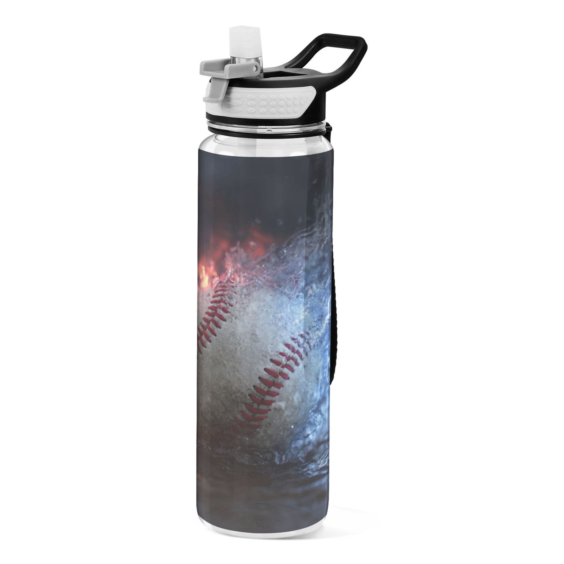 32oz Transparent Sports Water Bottle with Straw for Kids Adults Outdoor School Gym Fitness Baseball with Water and Fire
