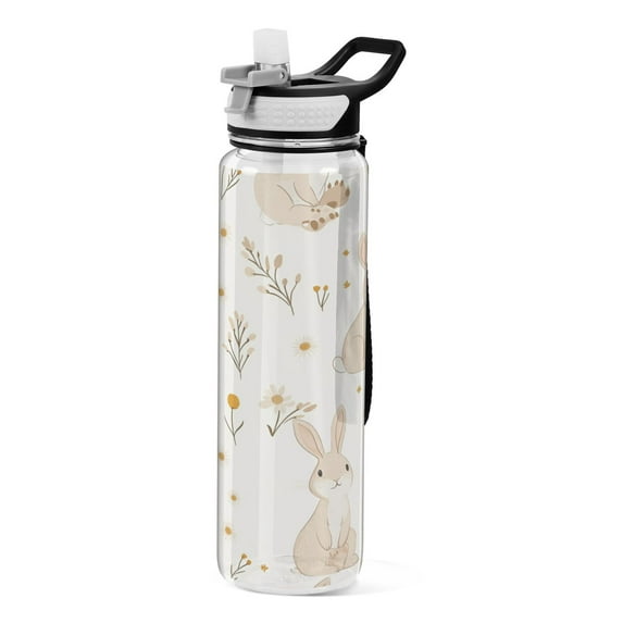 32oz Transparent Sports Water Bottle with Straw for Kids Adults Outdoor School Gym Fitness Beige Bunnies