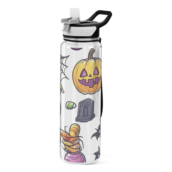 32oz Transparent Sports Water Bottle with Straw for Kids Adults Outdoor School Gym Fitness Cartoon Halloween Elemental