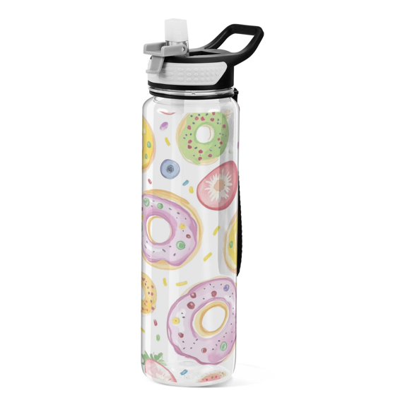 32oz Transparent Sports Water Bottle with Straw for Kids Adults Outdoor School Gym Fitness Colorful Doughnuts Pattern