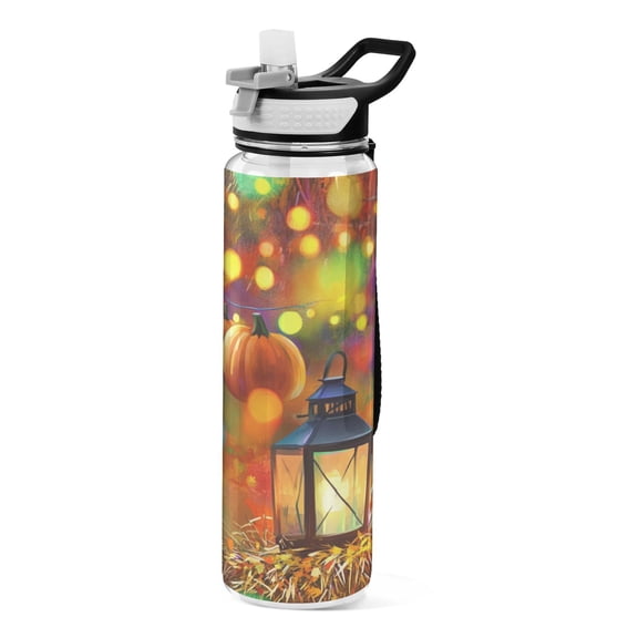 32oz Transparent Sports Water Bottle with Straw for Kids Adults Outdoor School Gym Fitness Colorful Lights with Pumpkins