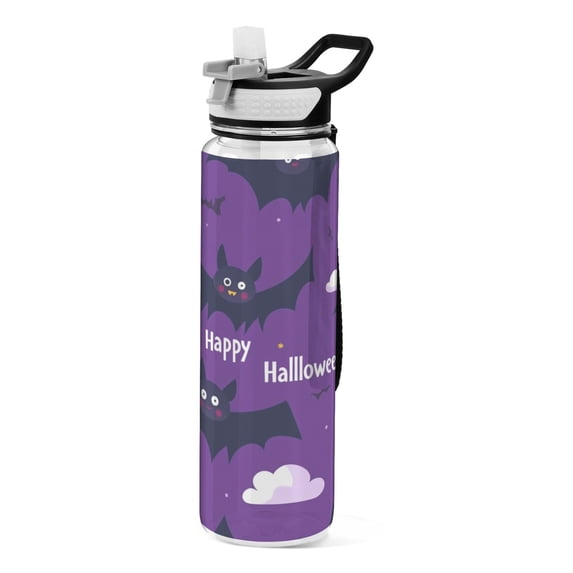 32oz Transparent Sports Water Bottle with Straw for Kids Adults Outdoor School Gym Fitness Cute Black Bats