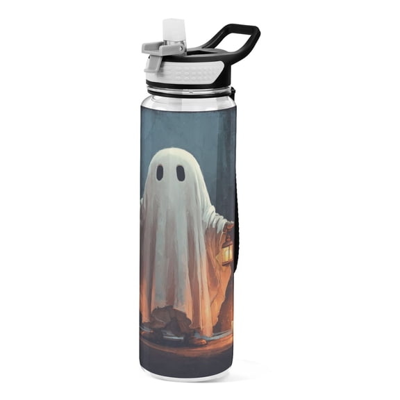 32oz Transparent Sports Water Bottle with Straw for Kids Adults Outdoor School Gym Fitness Cute Ghost with Pumpkin in Hand