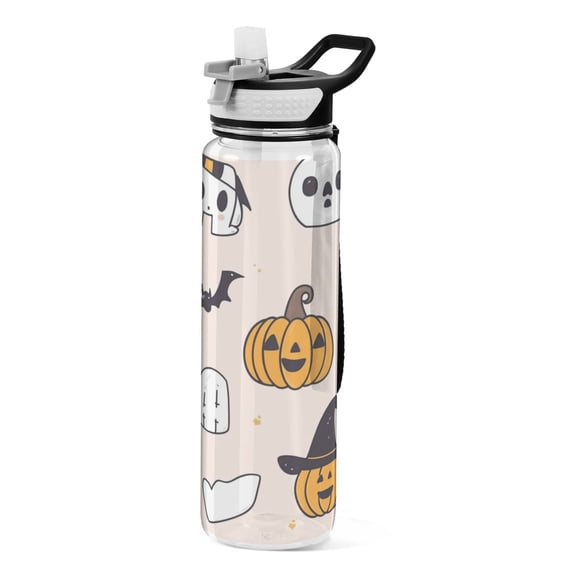 32oz Transparent Sports Water Bottle with Straw for Kids Adults Outdoor School Gym Fitness Cute Halloween Icons Pattern