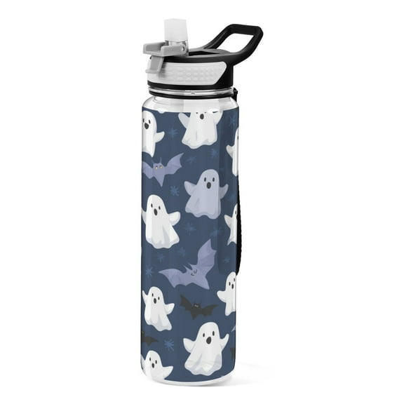 32oz Transparent Sports Water Bottle with Straw for Kids Adults Outdoor School Gym Fitness Halloween Ghost Pattern