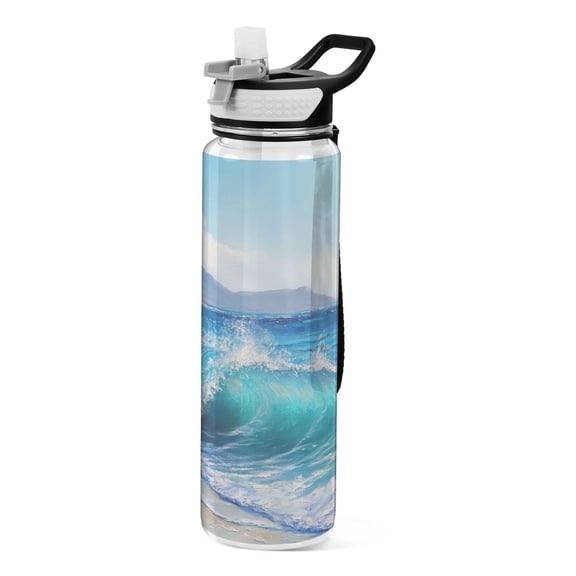 32oz Transparent Sports Water Bottle with Straw for Kids Adults Outdoor School Gym Fitness Ocean Waves