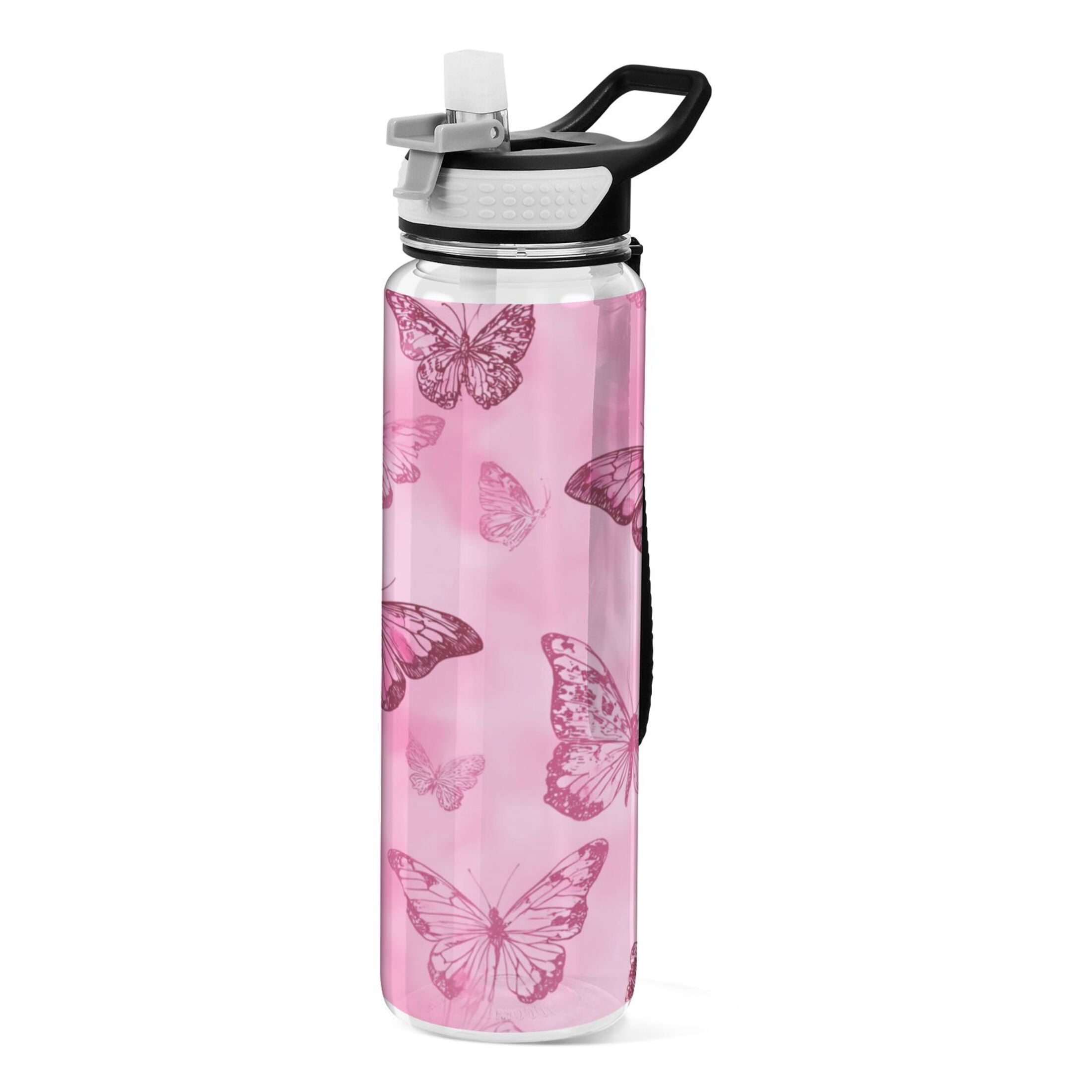 32oz Transparent Sports Water Bottle with Straw for Kids Adults Outdoor School Gym Fitness Pink Butterfly Pattern