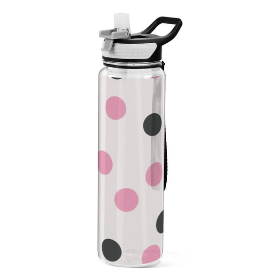 32oz Transparent Sports Water Bottle with Straw for Kids Adults Outdoor School Gym Fitness Pink and Black Dots