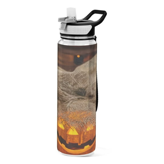 32oz Transparent Sports Water Bottle with Straw for Kids Adults Outdoor School Gym Fitness Pumpkin-shaped Glass Jar