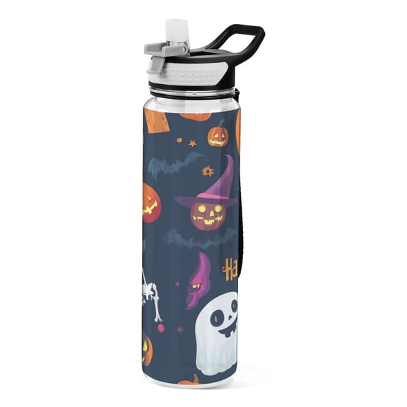 32oz Transparent Sports Water Bottle with Straw for Kids Adults Outdoor School Gym Fitness Purple Cute Halloween Icon