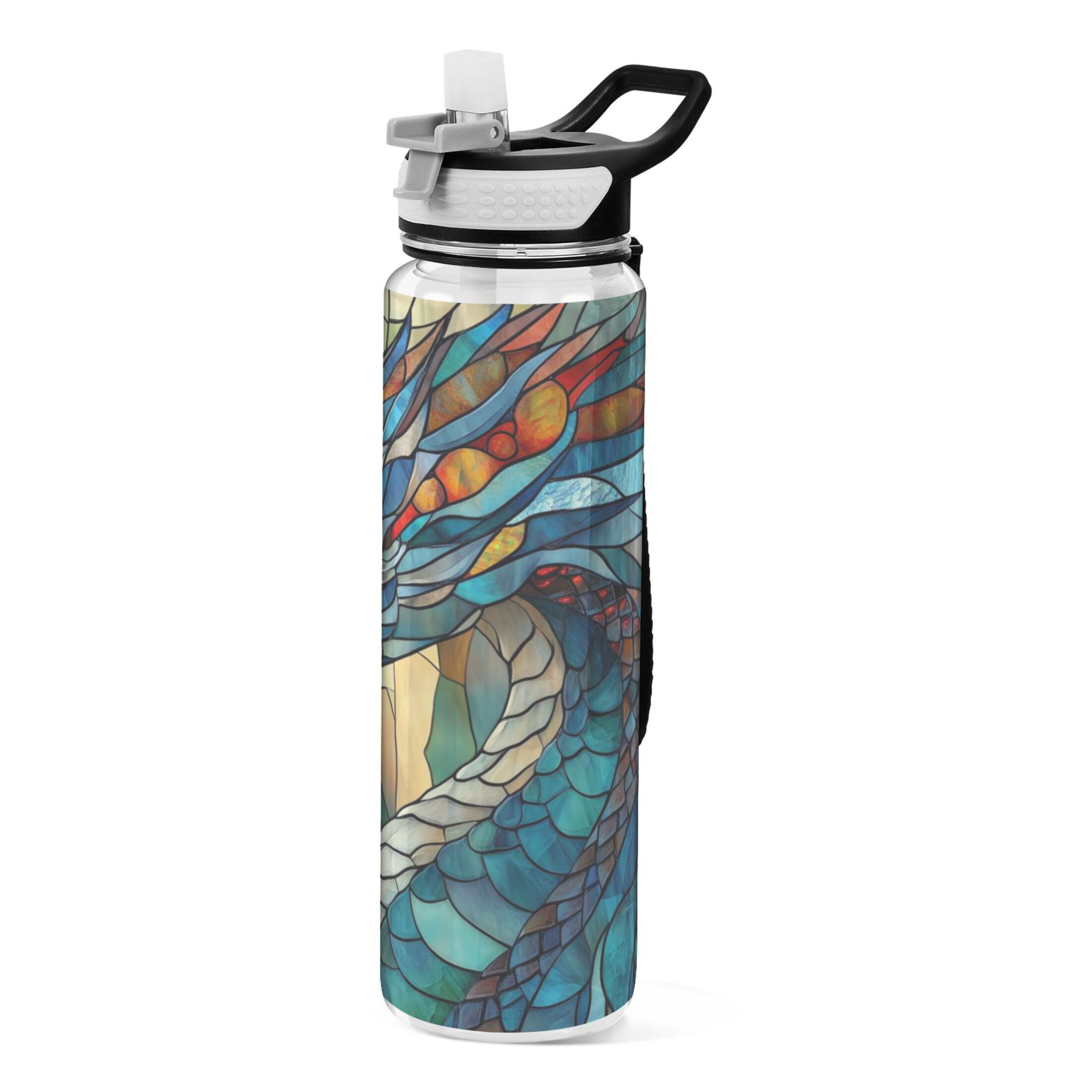 32oz Transparent Sports Water Bottle with Straw for Kids Adults Outdoor School Gym Fitness Stained Glass Dragon