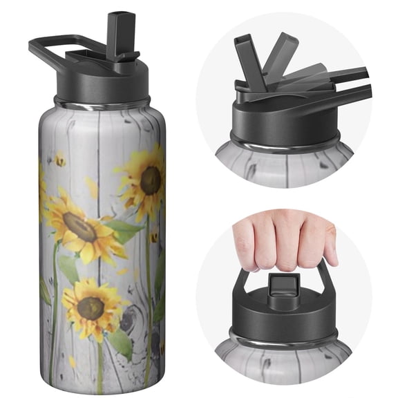 32oz Triple Walled Insulated Stainless Steel Flask Sunflowers Themed Themed With Straw Leak Proof Lid