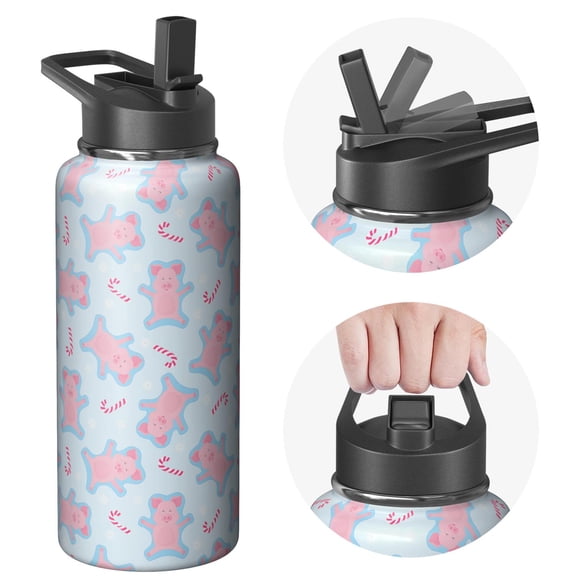 32oz Vacuum Insulated Pig Themed Water Bottle for Outdoor Camping Hiking Sports Stainless Steel Leak Proof Hot Cold