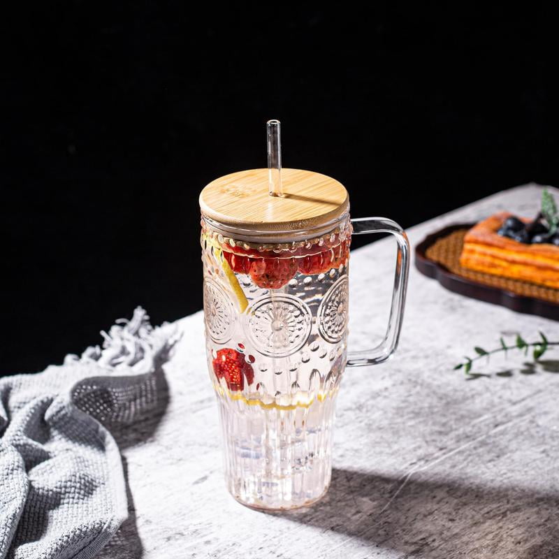 Bandesun 32oz Vintage Glass Tumbler With Handle - Borosilicate Glass Cup With Bamboo Lid & Straw For Hot/Cold Drinks