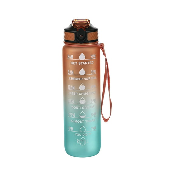 32oz Water Bottle with Straw and Drinking Time, Gradient Color Sports Bottle with Strap, Squeezing Ejection Opening, Leakproof, Fitness Sports Water Bottler for Office Gym Outdoor Sports