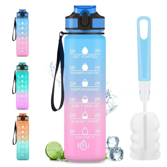 32oz Water Bottle with Time Marker & Straw Lid for Gym,Motivational Fitness Sports Water Jug with Removable Strainer,Dishwasher Safe,Leakproof,Safety Lock,No BPA,Blue+purple