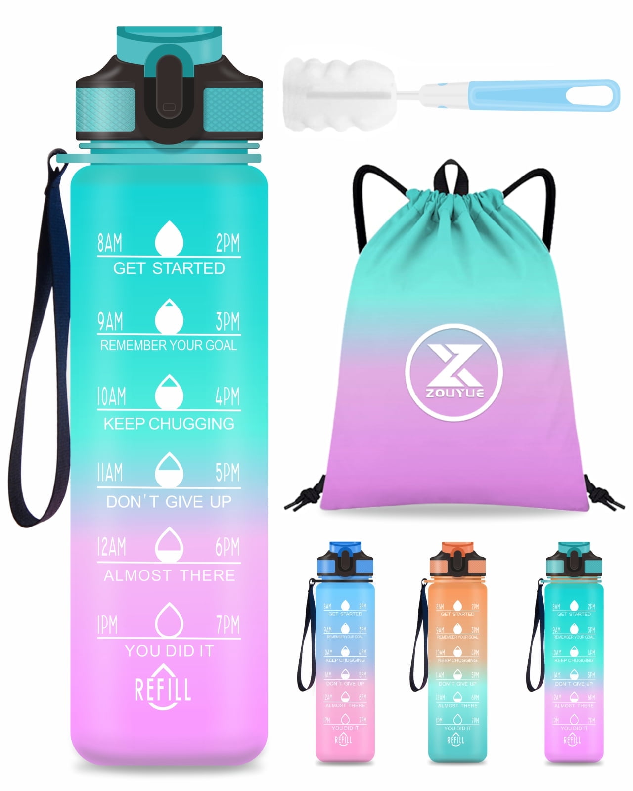 32oz Water Bottle with Time Marker & Straw lid for Gym,Motivational Fitness Sports Water Jug with Removable Strainer,Dishwasher Safe,Leakproof,Safety Lock,No BPA,Green+purple