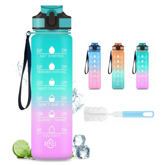 32oz Water Bottle with Time Marker & Straw lid for Gym,Motivational Fitness Sports Water Jug with Removable Strainer,Dishwasher Safe,Leakproof,Safety Lock,No BPA,Green+purple