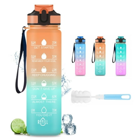 32oz Water Bottle with Time Marker & Straw lid for Gym,Motivational Fitness Sports Water Jug with Removable Strainer,Dishwasher Safe,Leakproof,Safety Lock,No BPA,Orange+green