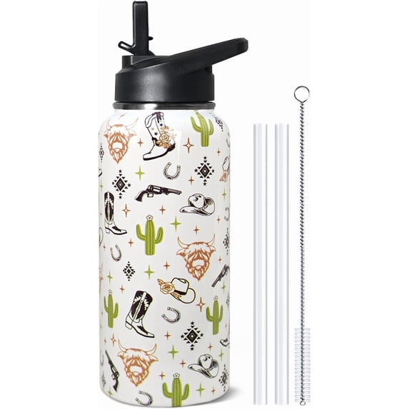 32oz Western Stainless Insulated Aater Water Bottle with Straw,Western Cow Skull Gym Hiking Sports Coffee Mug Cup Water Bottles,Western Cow Skull Cowboy Copper Cowgirl Decor Stuff Accessories