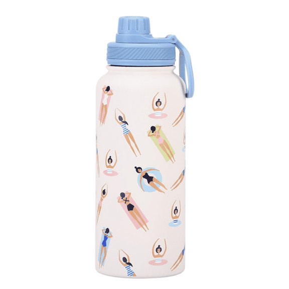 32oz White Insulated Stainless Steel Tumbler with Light Blue Carry Handle School, Summer & Beach Cup