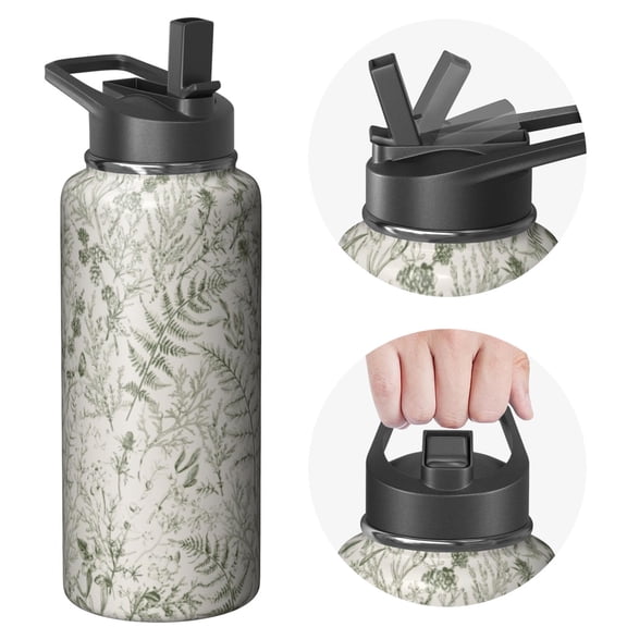 32oz Wide Mouth Gym Warrior Stainless Steel Flowers Themed Design Handle Lid Double Walled Leak Proof