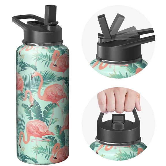 32oz Wide Mouth Stainless Steel Flask Flamingo Themed Inspired with Handle Lid Insulated Leak Proof Keeps Cold 24 Hours