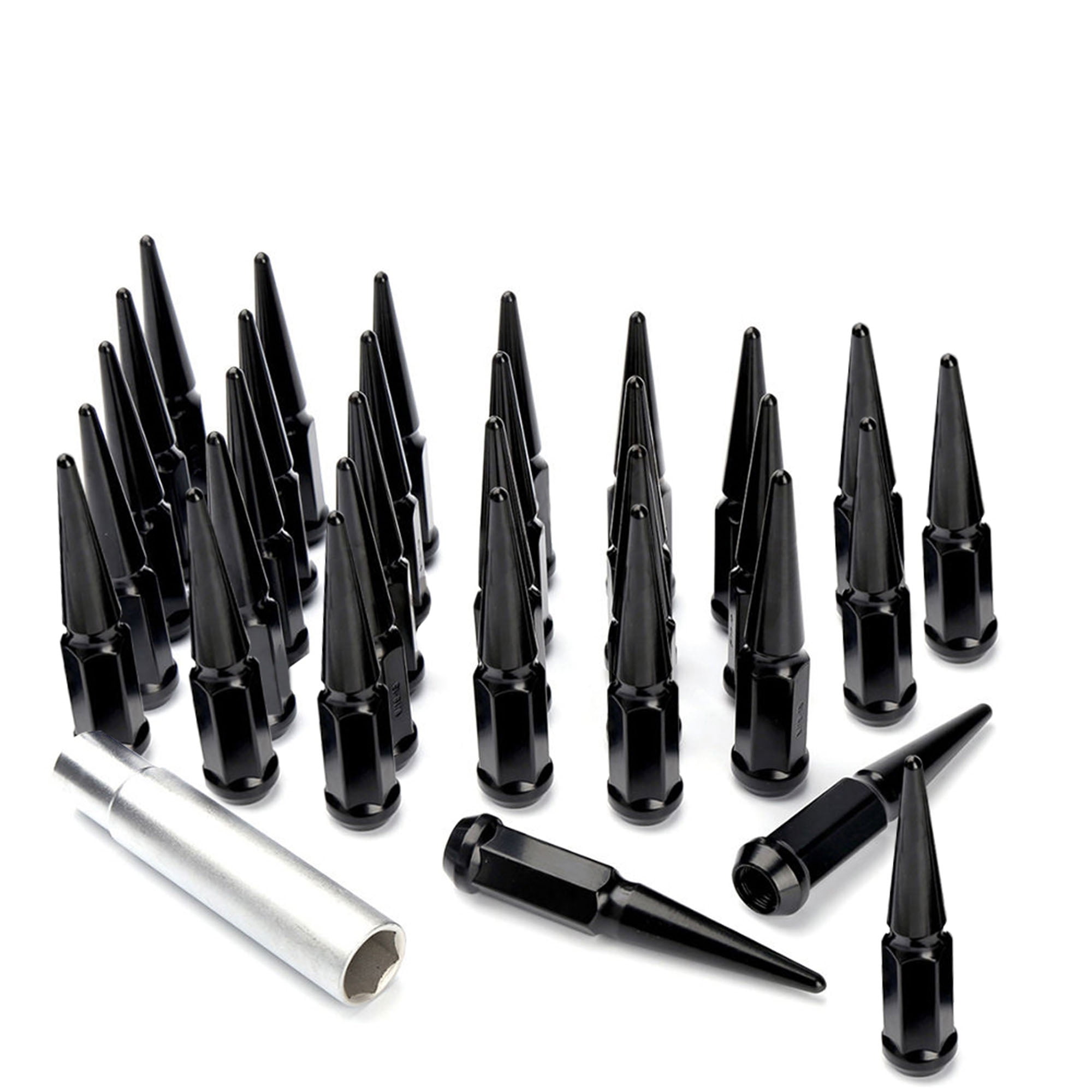 32pc Premium Black SPIKED 1/2-20 Extended Lug Nuts 4.4 OFF-ROAD SPIKE  Metal Lugz Nut w/Key