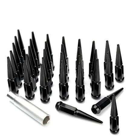 32pc Premium Black SPIKED 1/2-20 Extended Lug Nuts 4.4" OFF-ROAD SPIKE Metal Lugz Nut w/Key