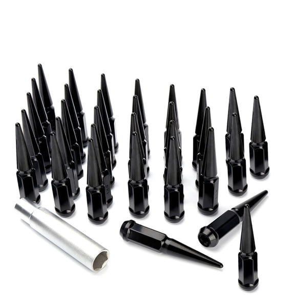 32pc Premium Black SPIKED 1/2-20 Extended Lug Nuts 4.4" OFF-ROAD SPIKE Metal Lugz Nut w/Key