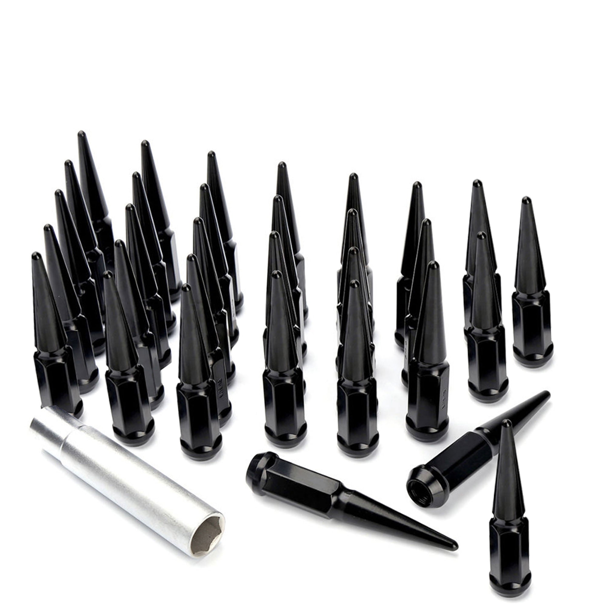 32pc Premium Black SPIKED 12x1.5 Extended Lug Nuts 4.4" OFF-ROAD SPIKE Metal Lugz Nut w/Key