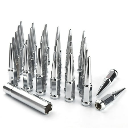 32pc Premium Chrome SPIKED 1/2-20 Extended Lug Nuts 4.4" OFF-ROAD SPIKE Metal Lugz Nut w/Key