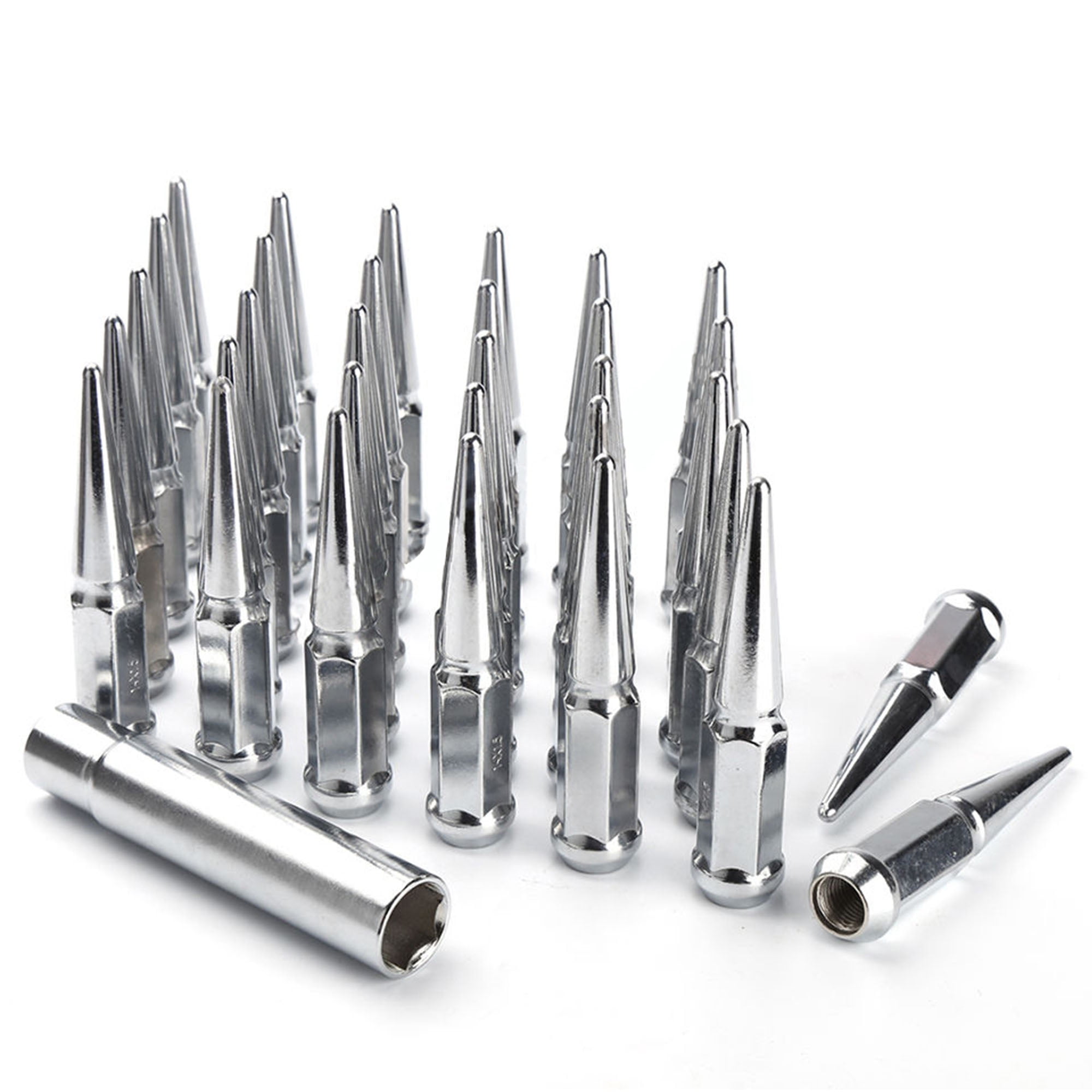 32pc Premium Chrome SPIKED 12x1.5 Extended Lug Nuts 4.4" OFF-ROAD SPIKE Metal Lugz Nut w/Key