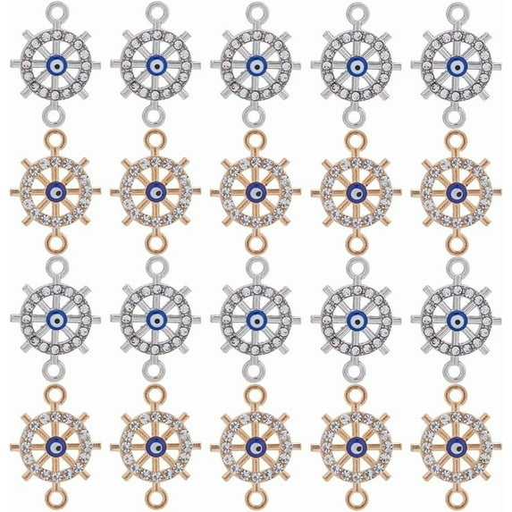 32pcs 2 colors Alloy Rhinestone Connector Charms with Blue Enamel Helm Links with Evil Eye Platinum & Light golden 20x15x2.5mm Hole: 1.8mm 16pcs/color