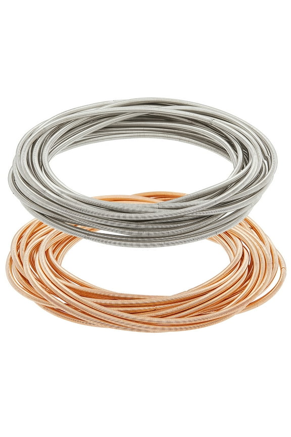 32pcs 2 colors Guitar String Coil Bracelet Steel Round Spring Chain Stretch Bracelets for Women Golden & Stainless Steel color Inner Diameter: 2-1/4 inch(5.85cm) 16pcs/color