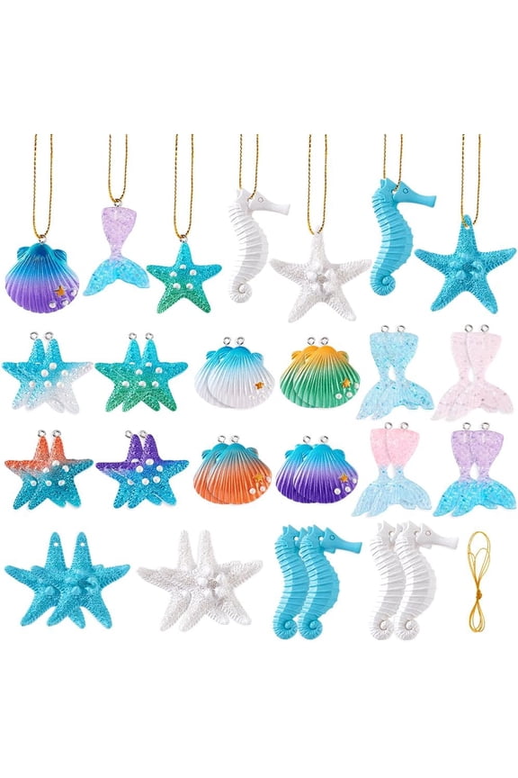 32pcs 5 Styles Beach Charm Ornaments Ocean Themed Resin Charms Shell/Starfish/Tail/Sea Horse Pendants with Hanging Rope for Summer Party Wedding Decoration DIY Crafts Making