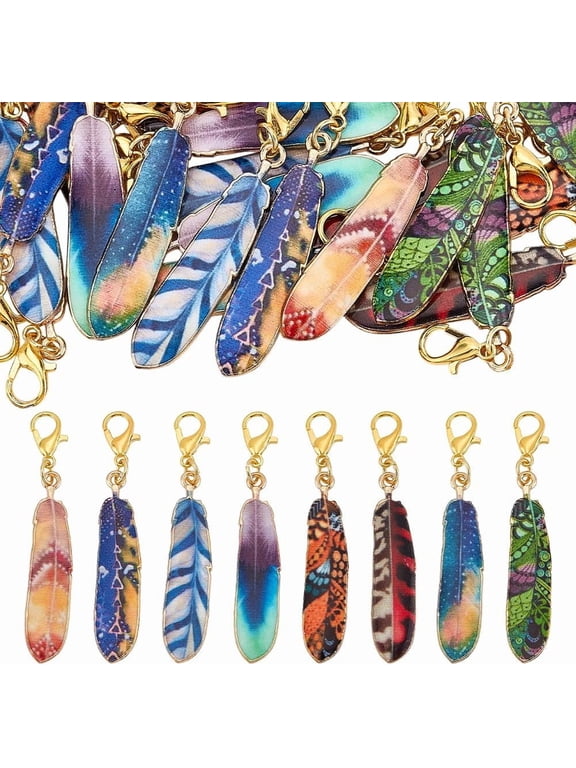 32pcs 8 Colors Feather Charms 2 Inch Feather Keychain Printed Enamel Feather Pendants with Lobster Claw Clasps