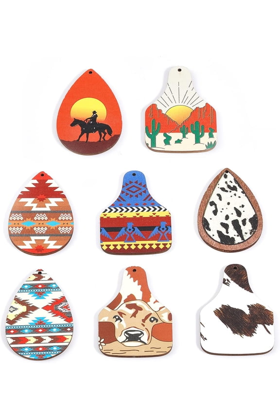 32pcs 8 style Single Face Printed Basswood Big Pendants bag & Teardrop Charm Mixed color 60x40~43.5x3mm Hole: 2mm 4pcs/style